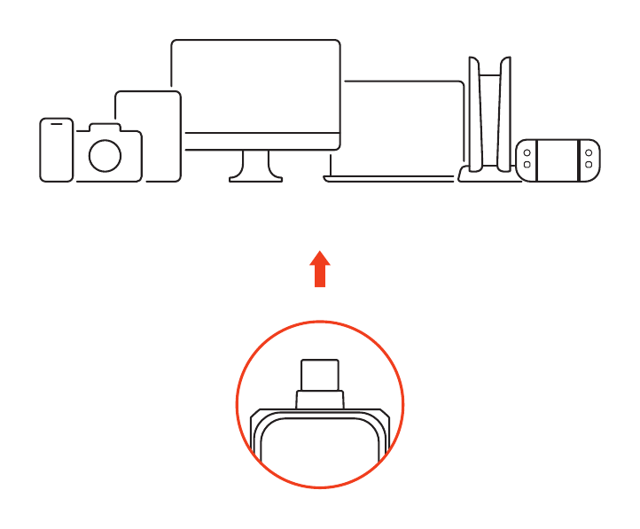 Mini NVMe SSD Enclosure (ST-E2230M) connected to a phone, camera, monitor, laptop, and tablet using its USB-C connector