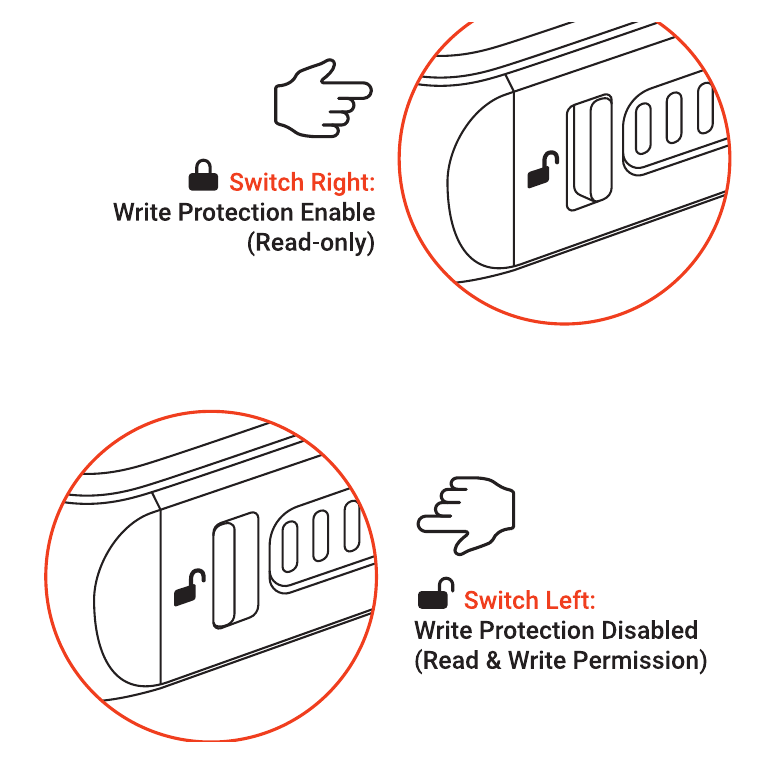 Mini NVMe SSD Enclosure (ST-E2230M) write protection switch positions, showing the switch to the right for read-only and to the left for read and write