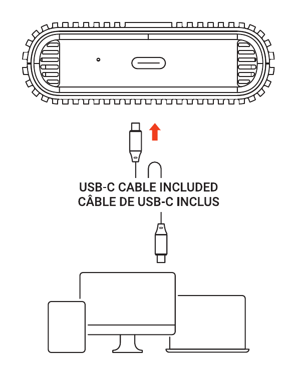 USB4 NVMe SSD Pro Enclosure (ST-EU4NPM) connected to a tablet, monitor, and laptop using the included USB-C cable