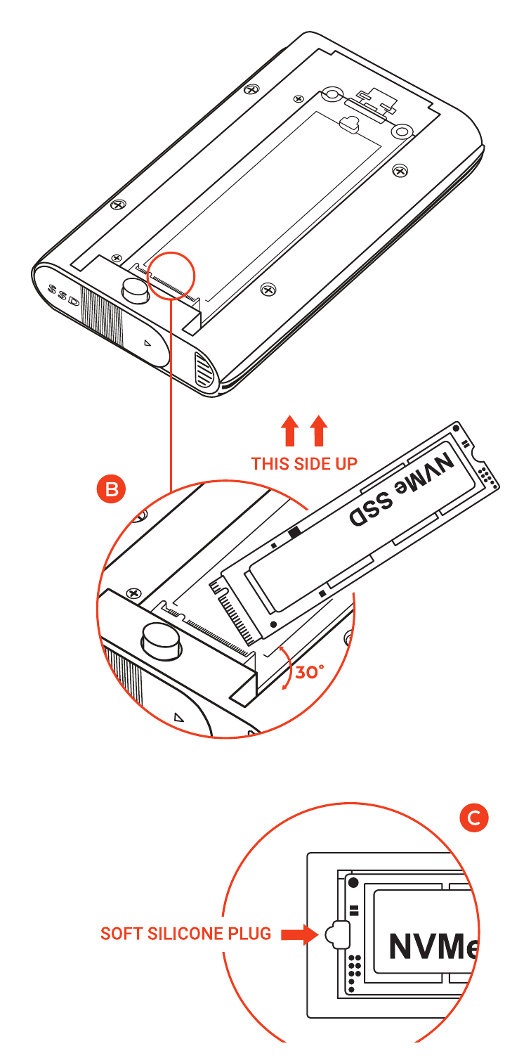 USB4 NVMe SSD Pro Enclosure (ST-EU4NPM) SSD installation detail, showing the open enclosure, figure B with the SSD inserted at a 30 degree angle label side up, and figure C showing the soft silicone plug that retains the drive