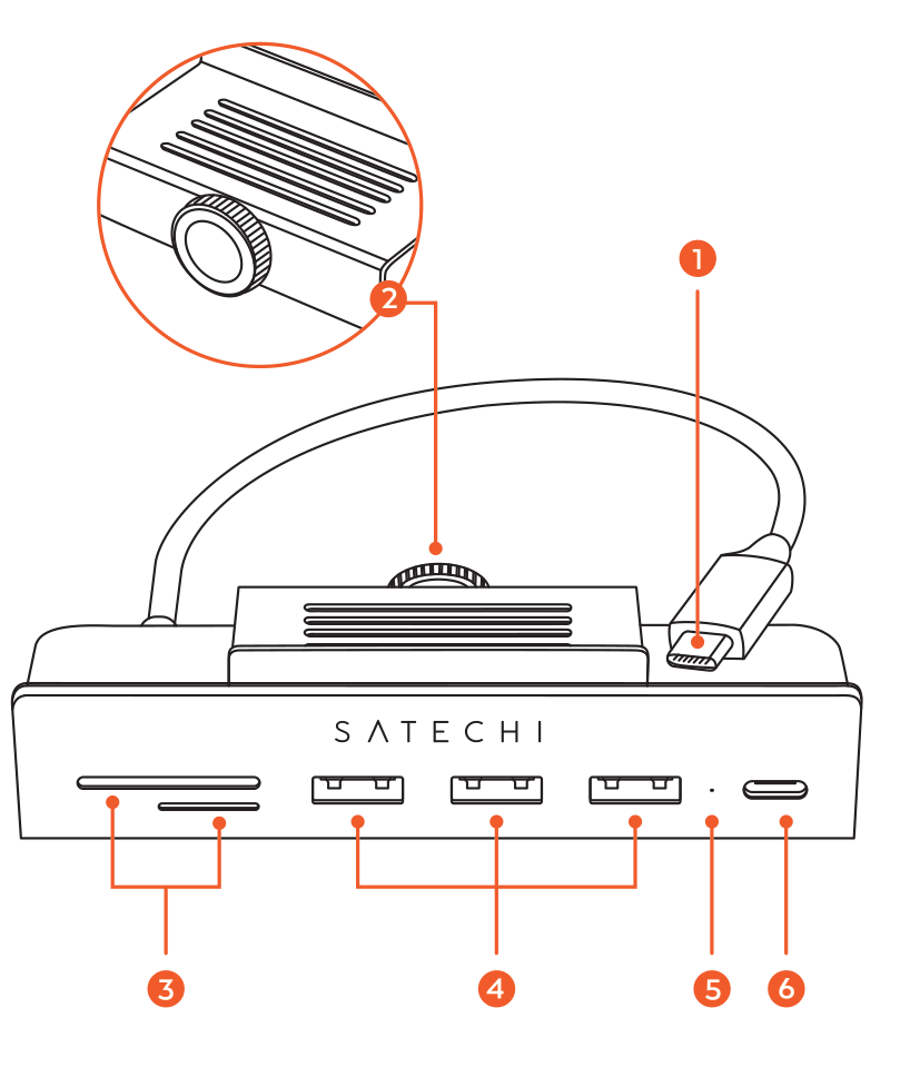 USB-C Clamp Hub for 24" iMac M1 (ST-UCICHS / ST-UCICHB) parts diagram with 6 labeled components