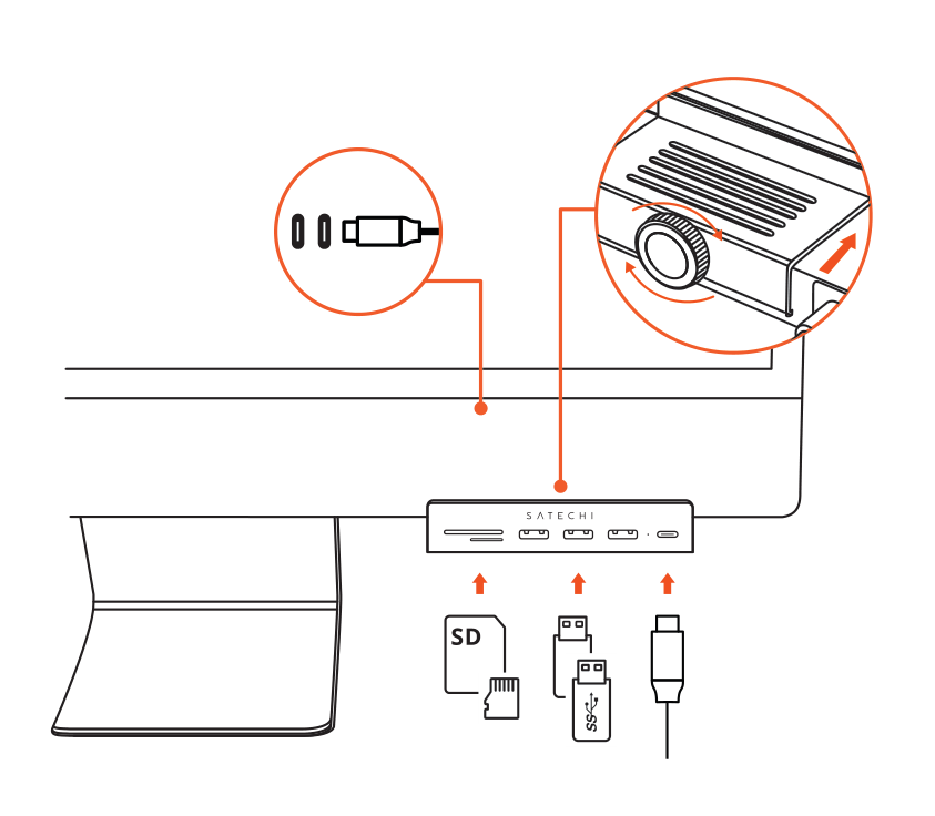 USB-C Clamp Hub for 24" iMac M1 (ST-UCICHS / ST-UCICHB) setup diagram: fasten the hub to the iMac, then connect the USB-C cable and your devices