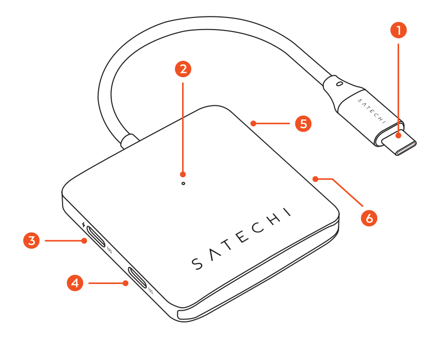 4-Port USB-C Hub with Power Delivery (ST-H4CPDM) parts diagram with 6 labeled components
