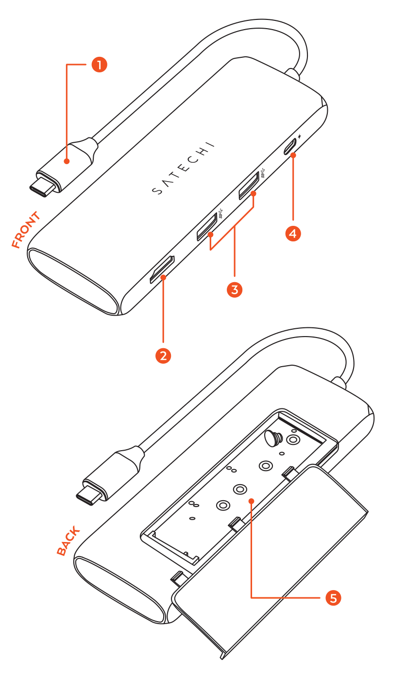 USB-C Hybrid Multiport Adapter (ST-UCHSEM / ST-UCHSEK) parts diagram with 5 labeled components