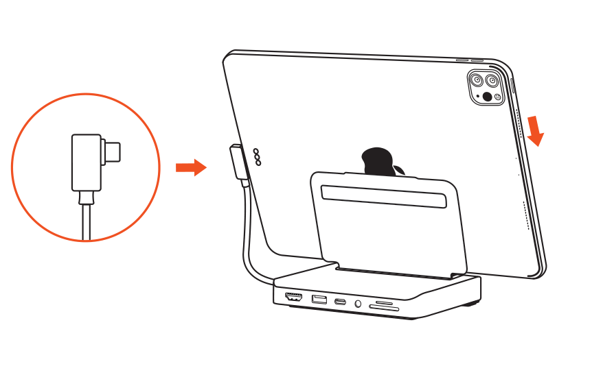 Aluminum Stand & Hub for iPad Pro (ST-TCSHIPM) setup diagram: connect the built-in USB-C cable, then seat the iPad Pro on the stand