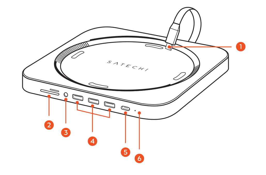 Type-C Aluminum Stand & Hub for Mac Mini (ST-ABHFM / ST-ABHFS) parts diagram with 6 labeled components
