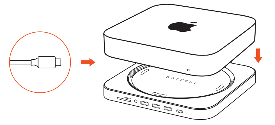 Type-C Aluminum Stand & Hub for Mac Mini (ST-ABHFM / ST-ABHFS) setup diagram: connect the built-in USB-C cable, then set the Mac Mini on the stand