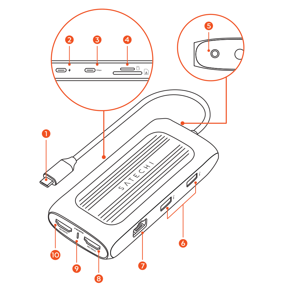 USB-C Multiport MX Adapter (ST-UCMXAM) parts diagram with 10 labeled components