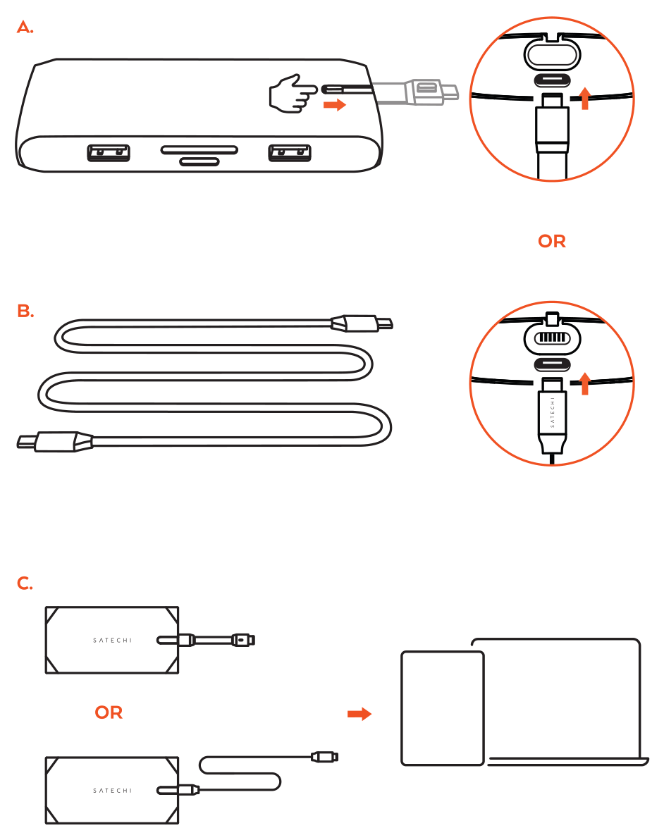 USB-C On-the-Go Multiport Adapter (ST-UCMBAM / ST-UCMBAK) setup diagram: attach either included USB-C cable, then connect a charger and your host device