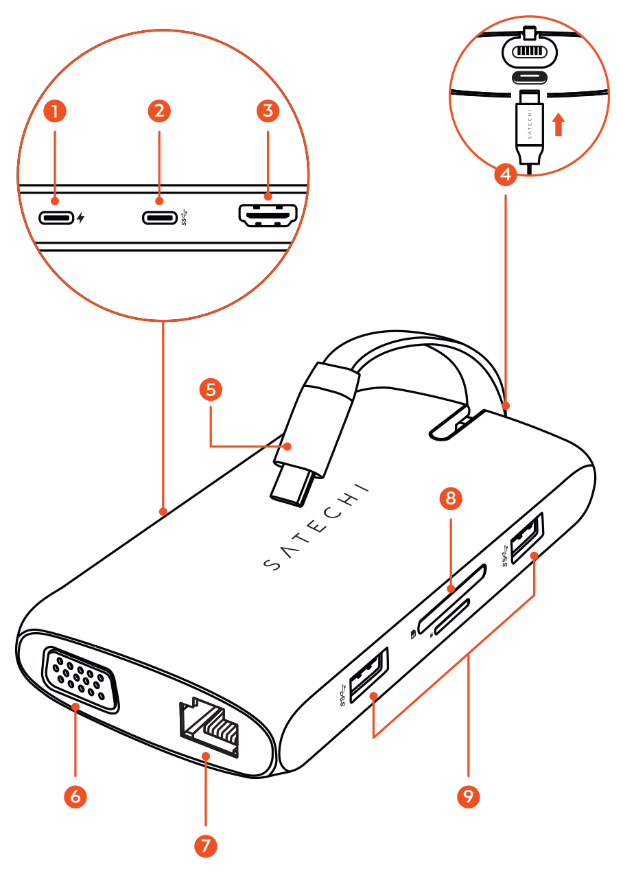USB-C On-the-Go Multiport Adapter (ST-UCMBAM / ST-UCMBAK) parts diagram with 9 labeled components