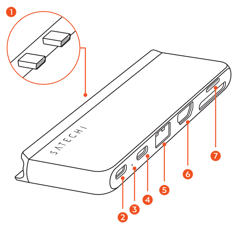 Dual USB-C Hub For Surface Pro 9 (ST-HSP9P) parts diagram with 7 labeled components