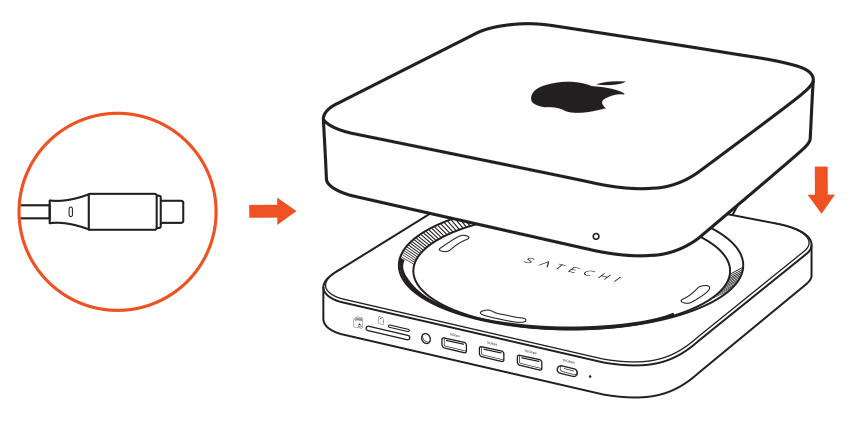 Stand & Hub For Mac Mini / Studio With NVMe SSD Enclosure (ST-GMMSHS) setup diagram: plug in the built-in USB-C cable, then lower the Mac Mini or Mac Studio onto the stand