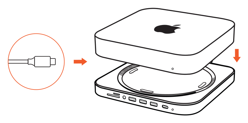 Stand & Hub for Mac Mini with SSD Enclosure (SATA only) (ST-MMSHS) setup diagram: plug in the built-in USB-C cable, then lower the Mac mini onto the stand
