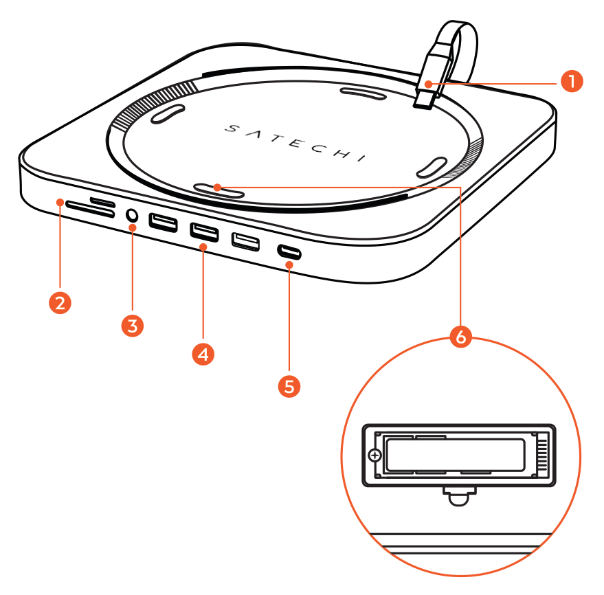 Stand & Hub for Mac Mini with SSD Enclosure (SATA only) (ST-MMSHS) parts diagram with 6 labeled components