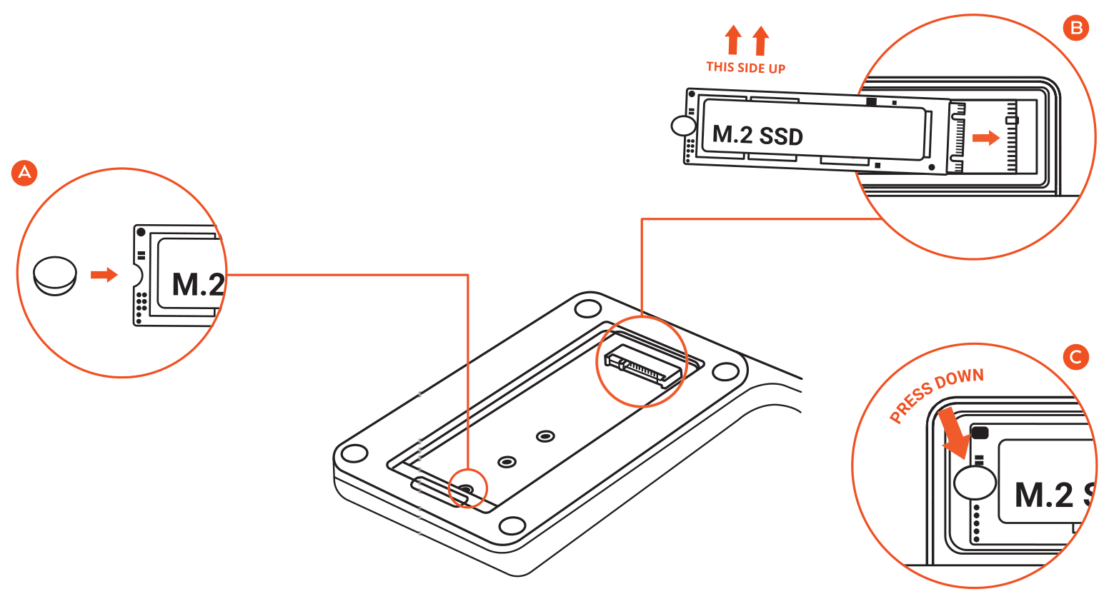 USB-C Slim Dock for 24" iMac (ST-UCISDS / ST-UCISDB) SSD installation diagram: apply the thermal pad, insert the M.2 SSD at an angle, then press it down
