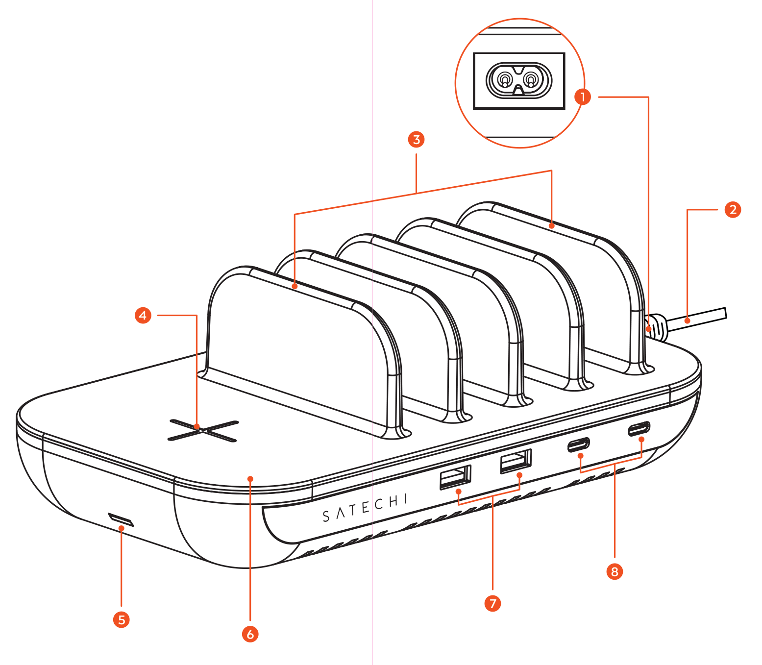 Dock5 Multi-Device Charging Station with Wireless Charging (ST-WCS5PM / ST-WCS5PM-UK / ST-WCS5PM-EU / ST-WCS5PM-AU) parts diagram with 8 labeled components