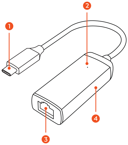 Aluminum Type-C to Gigabit Ethernet Adapter (ST-TCENS / ST-TCENM) parts diagram with 4 labeled components
