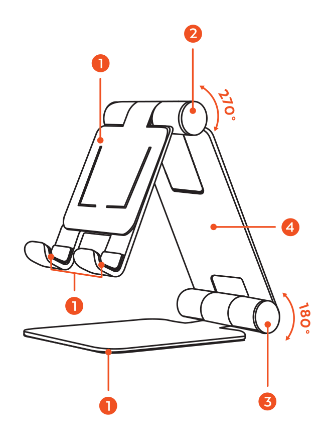 R1 Aluminum Hinge Holder Foldable Stand (ST-R1 / ST-R1M / ST-R1K / ST-R1B) parts diagram with 4 labeled components