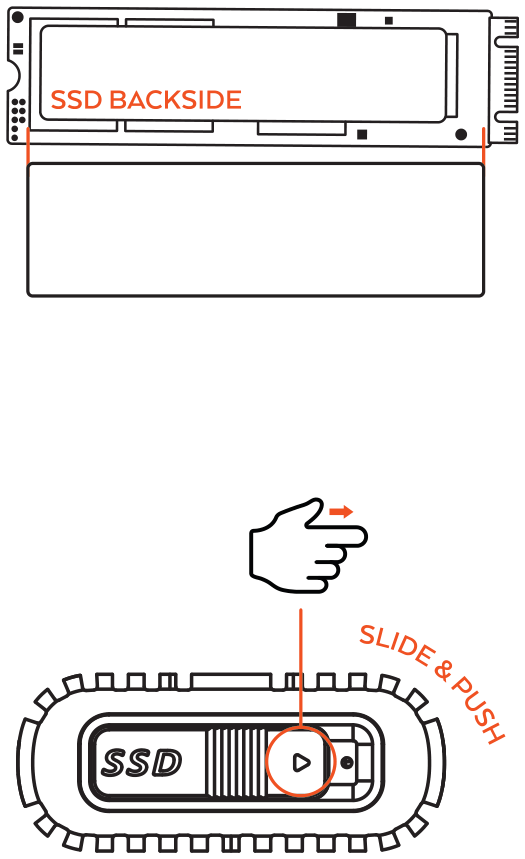 USB-C NVMe and SATA SSD Enclosure (ST-UCNSEM) setup diagram: attach the thermal pad behind the SSD, then slide and push the switch to unlock the internal enclosure