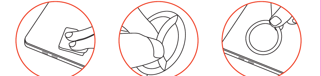 OntheGo™ 5-in-1 Multiport Adapter (ST-POTG5S) setup diagram: cleaning the surface, pressing the 3M adhesive ring onto the adapter, and mounting the adapter to a device