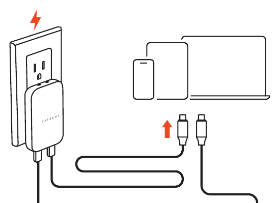 OntheGo™ 67W Slim Wall Charger (ST-COTG67K-US) setup diagram: charger in a wall outlet with a USB-C cable running to a phone, tablet, and laptop