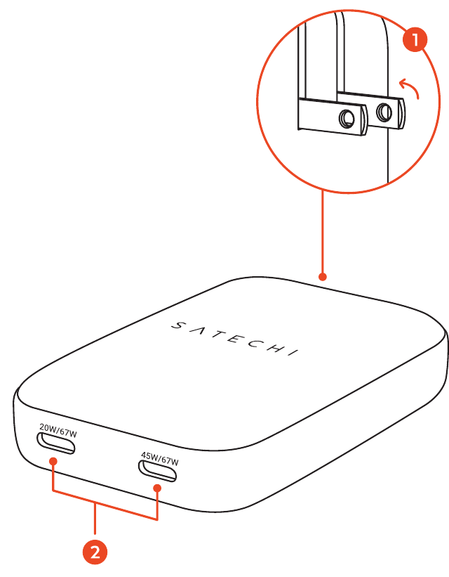 OntheGo™ 67W Slim Wall Charger (ST-COTG67K-US) parts diagram with 2 labeled components: foldable plug and two USB-C ports marked 20W/67W and 45W/67W