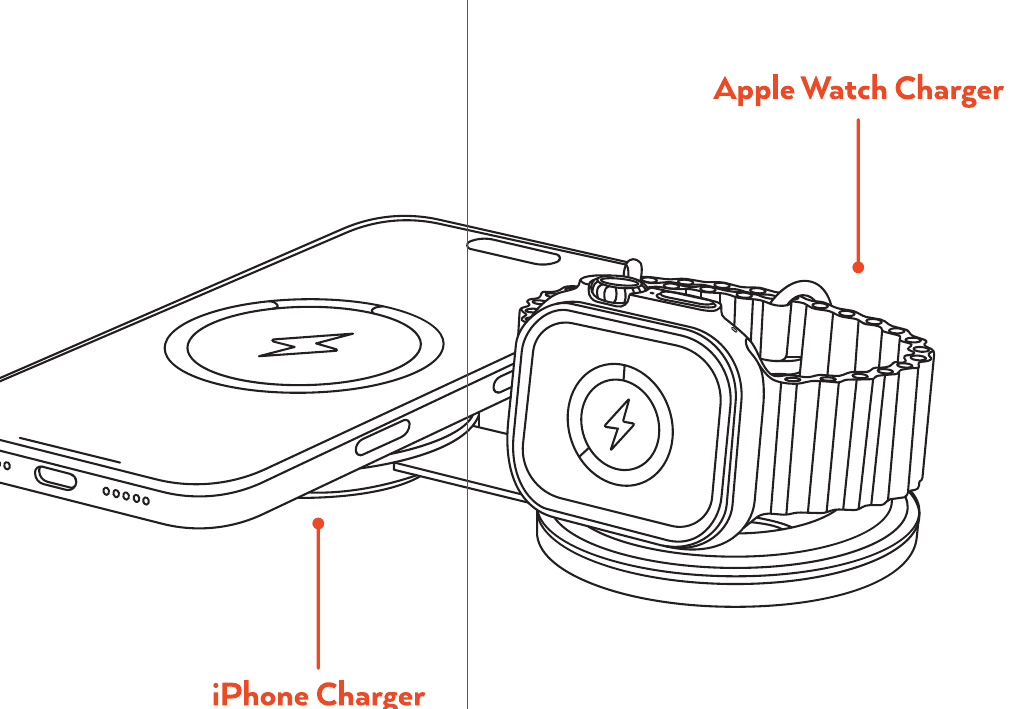 OntheGo™ Qi2 2-in-1 Wireless Charger (ST-QTG21K) diagram showing the iPhone charging pad and the Apple Watch charging module
