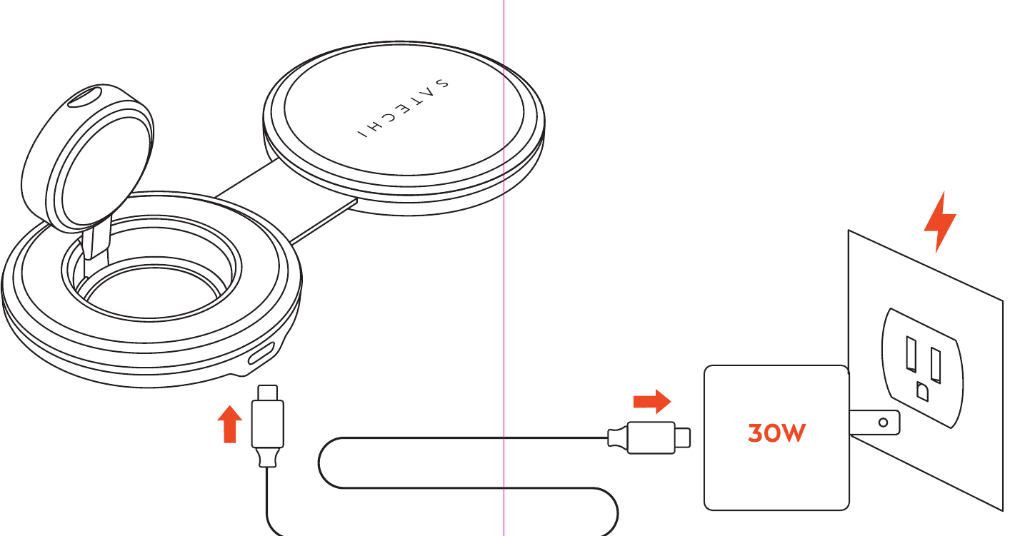 OntheGo™ Qi2 2-in-1 Wireless Charger (ST-QTG21K) setup diagram: USB-C cable running from the charger to a 30W power adapter in a wall outlet