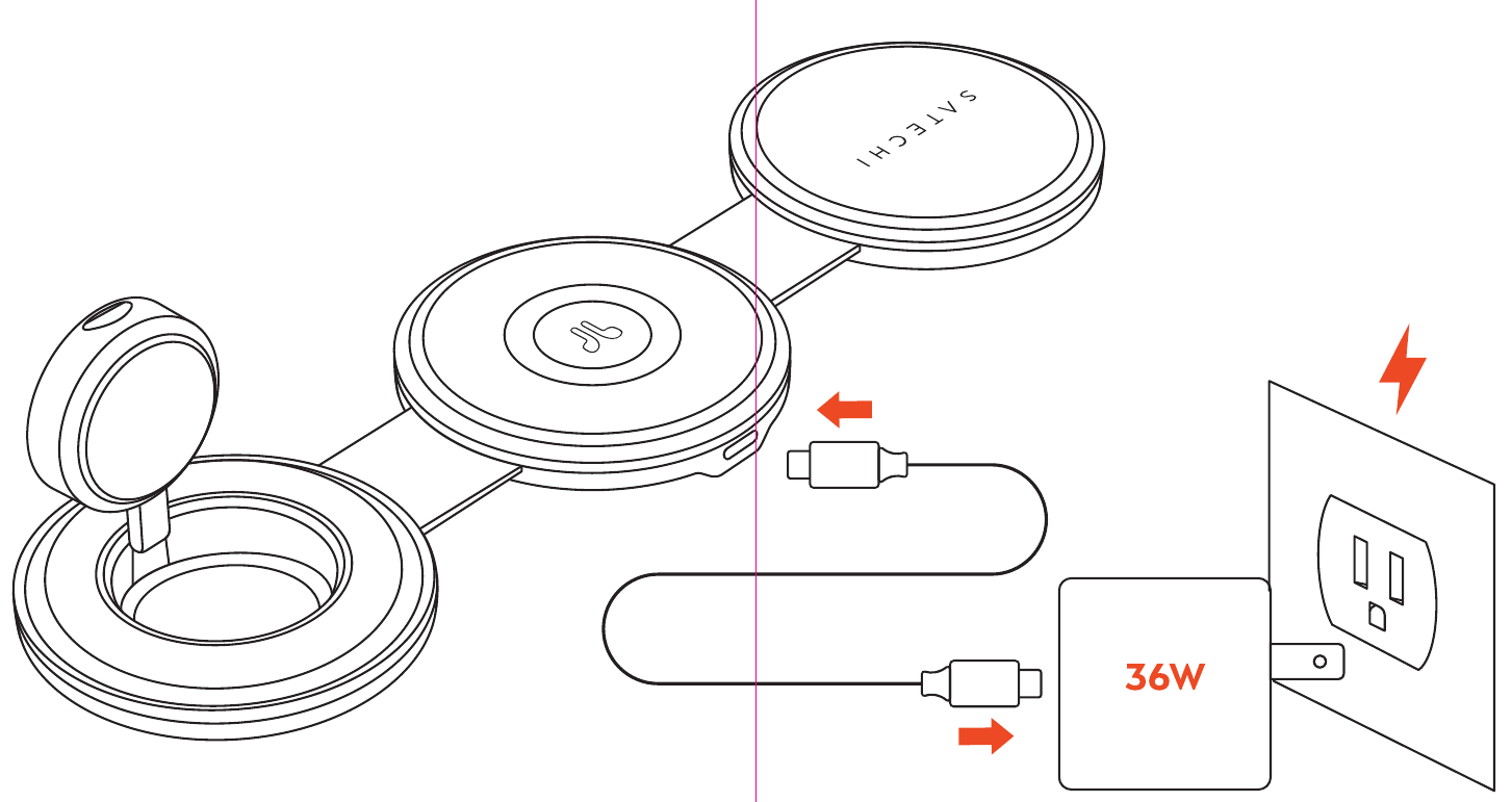 OntheGo™ Qi2 3-in-1 Wireless Charger (ST-QTG31K) setup diagram: USB-C cable running from the charger to a 36W power adapter in a wall outlet