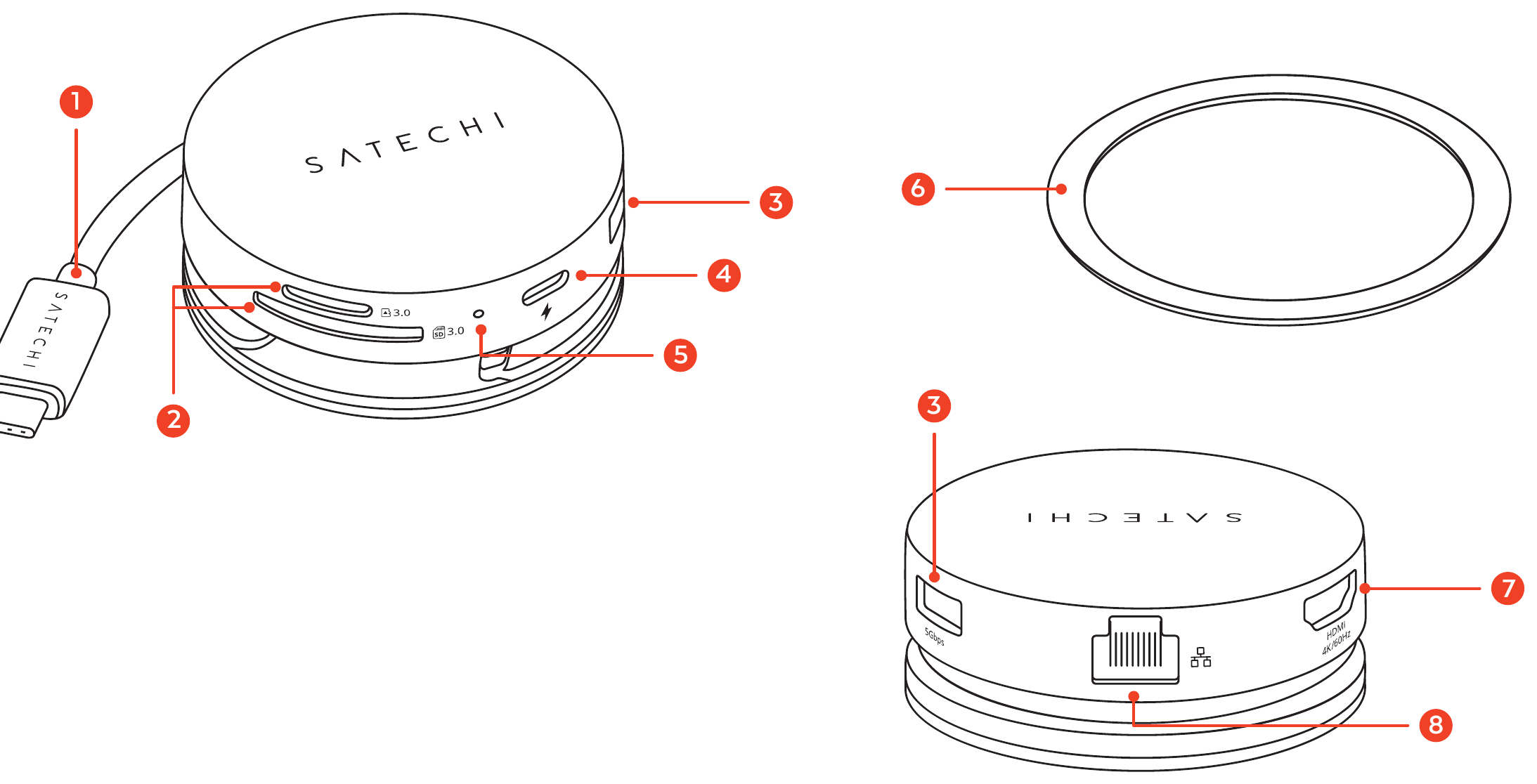 OntheGo™ 7-in-1 Multiport Adapter (ST-POTG7C) parts diagram with 8 labeled components