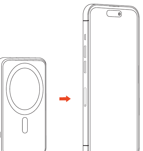 OntheGo™ Power Bank (5K) (ST-B5Q2SK) setup diagram: attaching the power bank magnetically to the back of a phone