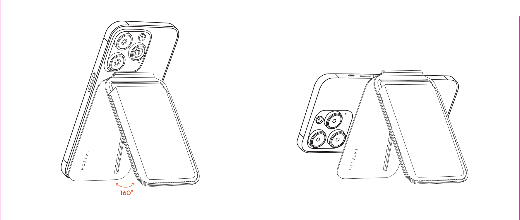Vegan Leather Magnetic Wallet Stand setup diagram: wallet folded open as a stand propping an iPhone at up to 160 degrees in portrait and landscape