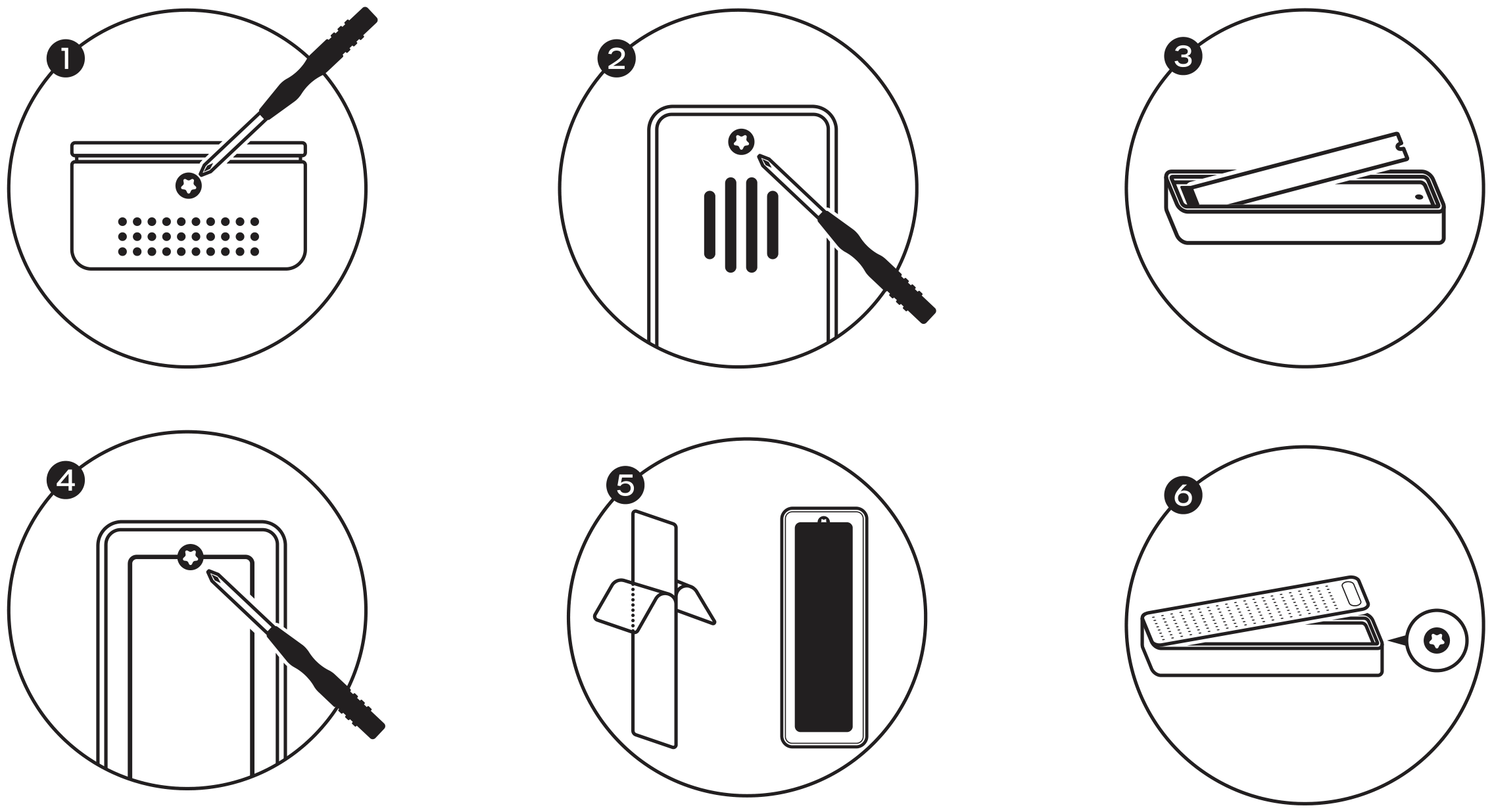 DotDisk™ 80Gbps SSD Enclosure (ST-EDD80C / ST-EDD80S) setup diagram: six steps for opening the enclosure and installing an M.2 NVMe SSD