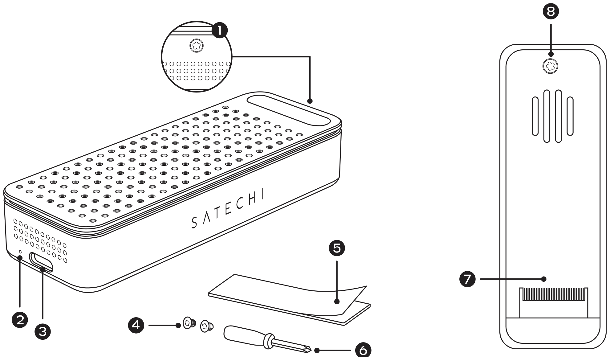 DotDisk™ 80Gbps SSD Enclosure (ST-EDD80C / ST-EDD80S) parts diagram with 8 labeled components