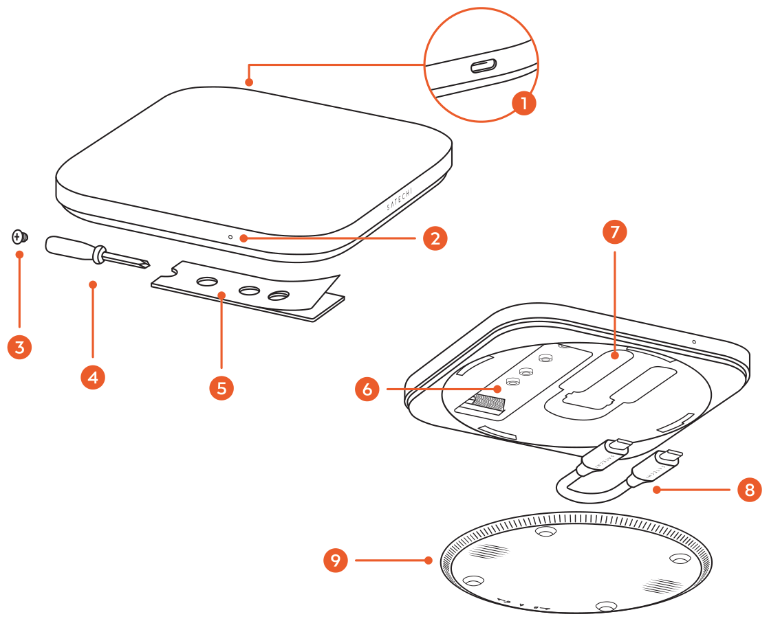 USB4 Slim NVMe SSD Enclosure (ST-EU4SNSS) parts diagram with 9 labeled components
