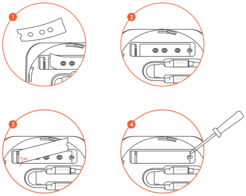 USB4 Slim NVMe SSD Enclosure (ST-EU4SNSS) setup diagram: four steps for applying the thermal pad and installing an M.2 NVMe SSD