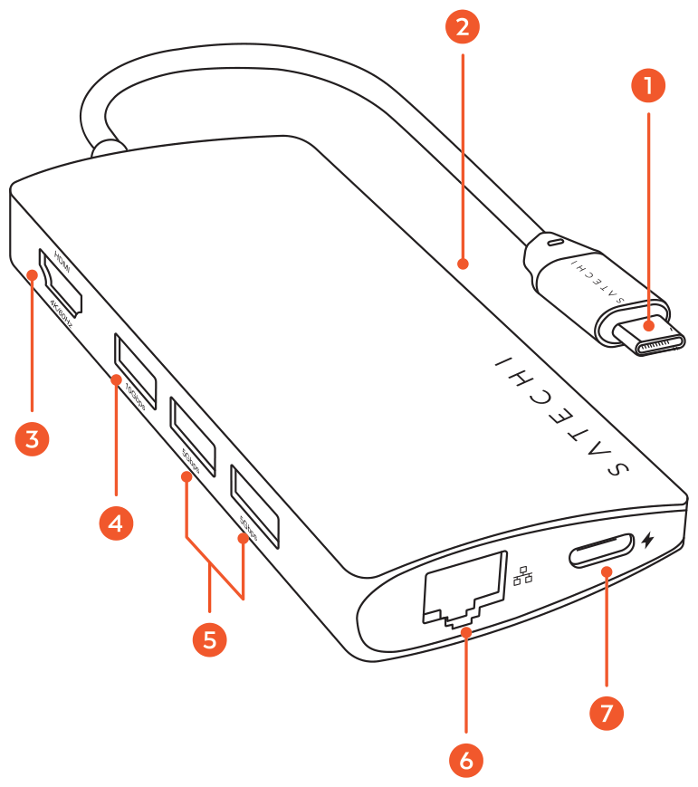 Type-C Multi-Port Adapter 4K with Ethernet V2 (ST-TCMA2S / ST-TCMA2M / ST-TCMA2G) parts diagram with 7 labeled components