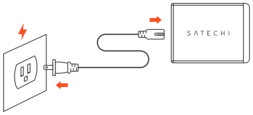 108W Pro USB-C PD Desktop Charger (ST-TC108WM) setup diagram: connecting the power cable between a wall outlet and the charger