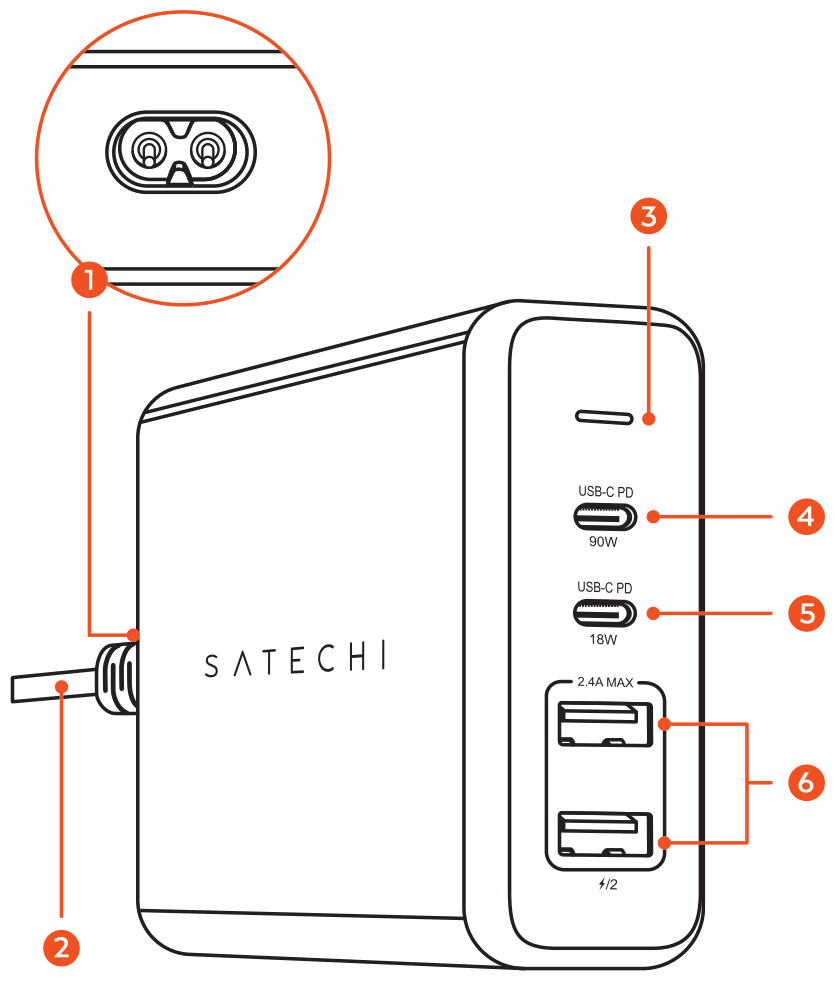 108W Pro USB-C PD Desktop Charger (ST-TC108WM) parts diagram with 6 labeled components